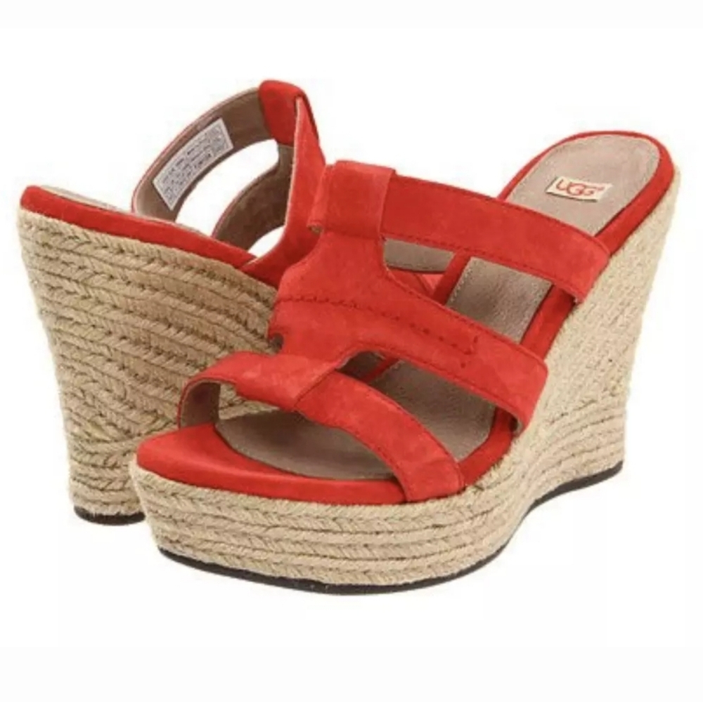 Ugg Tawnie Suede Wedge Espadrille Sandals US size 9 red orange EUC
